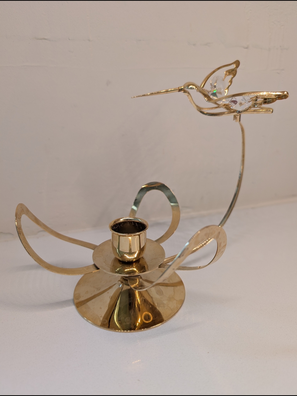 Vintage Brass & Crystal Hummingbird Candle Holder